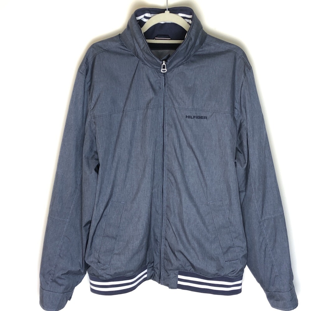 Tommy Hilfiger Mens Gray Full Zip Jacket Hidden Hooded Stripes Logo Size Large